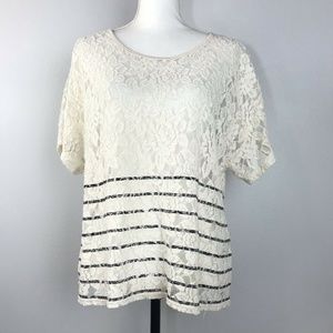 Sundance Top Size L Lace Sheer Short Sleeve Crew